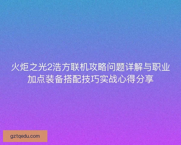 火炬之光2浩方联机攻略问题详解与职业加点装备搭配技巧实战心得分享